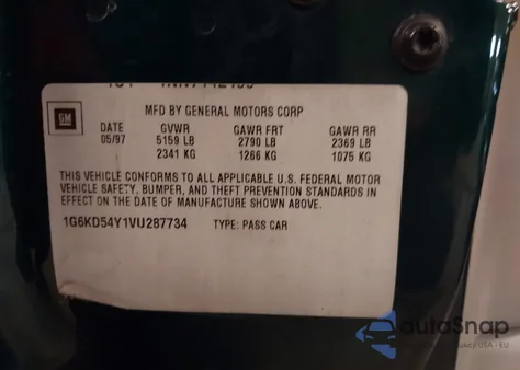 1997 Cadillac Deville Standard z USA, uszkodzony, nr VIN 1G6KD54Y1VU287734